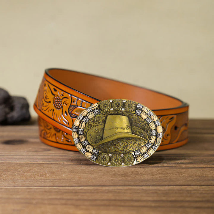 Ceinture en cuir avec boucle décorative en perles dorées pour chapeau de cowboy pour homme