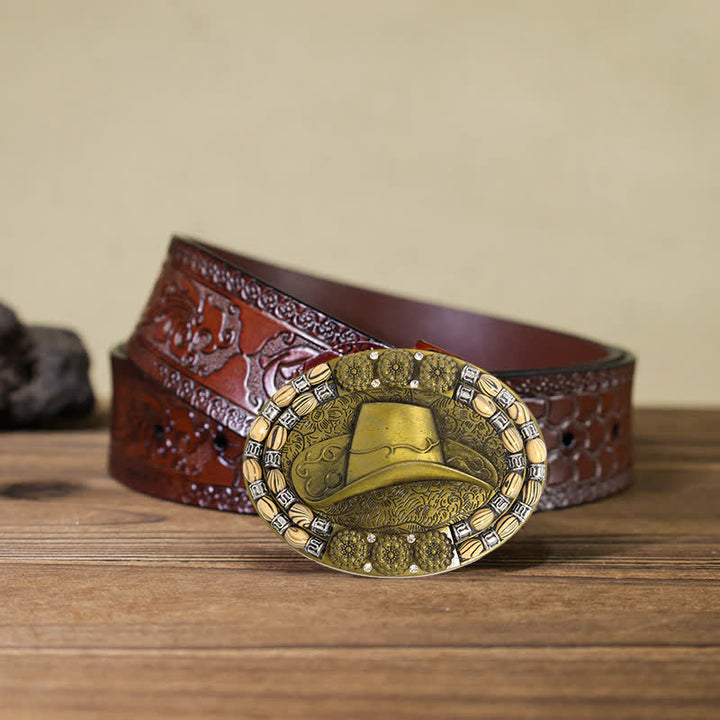 Ceinture en cuir avec boucle décorative en perles dorées pour chapeau de cowboy pour homme