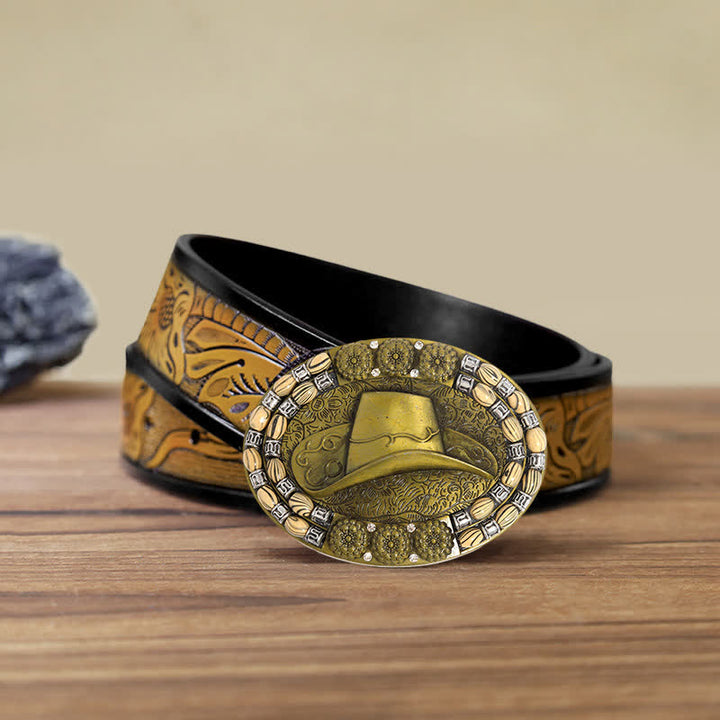 Ceinture en cuir avec boucle décorative en perles dorées pour chapeau de cowboy pour homme