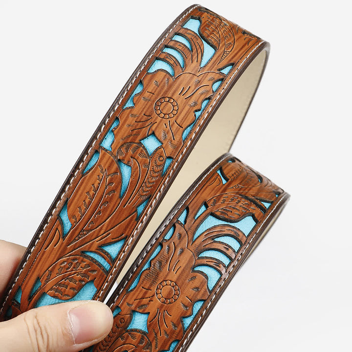 Ceinture en cuir gravée avec boucle en perles de bois turquoise pour femme