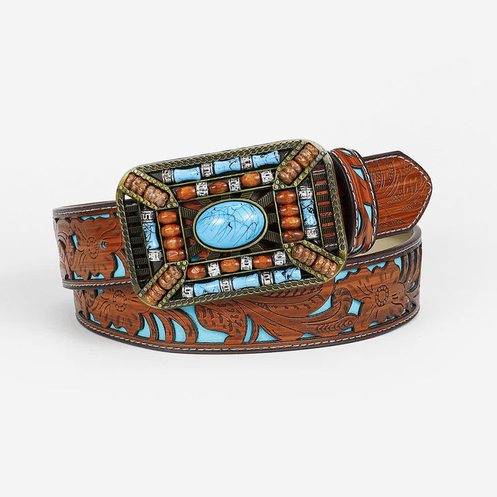 Ceinture en cuir gravée avec boucle en perles de bois turquoise pour femme