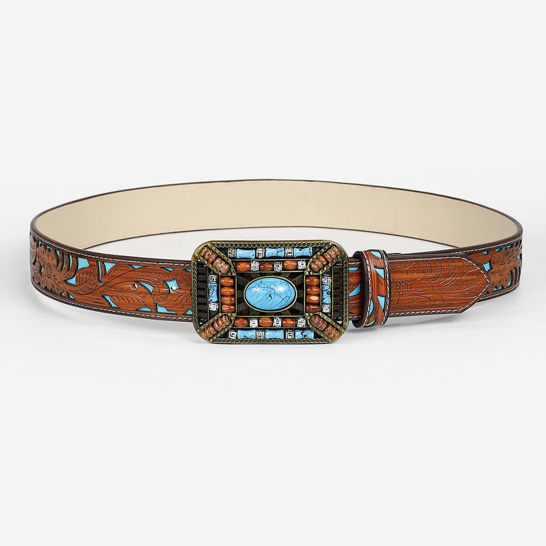 Ceinture en cuir gravée avec boucle en perles de bois turquoise pour femme