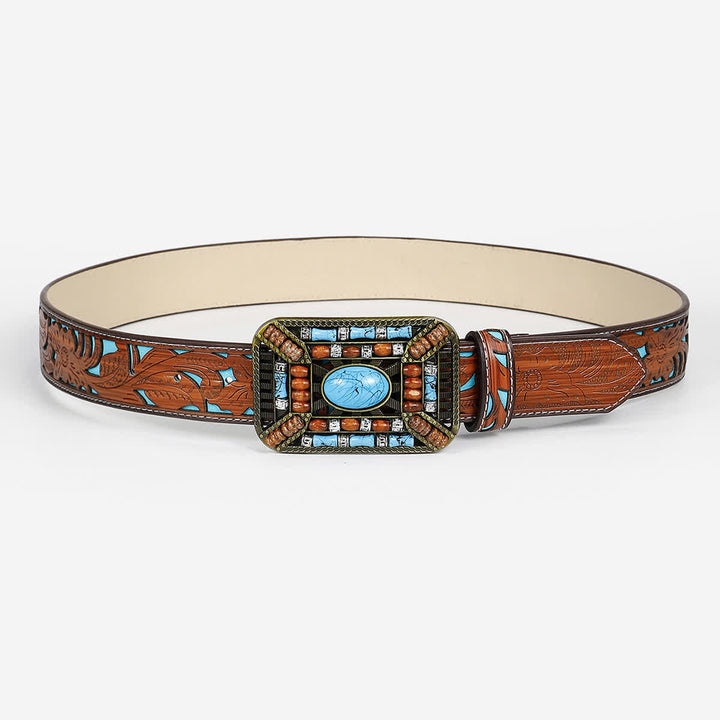 Ceinture en cuir gravée avec boucle en perles de bois turquoise pour femme