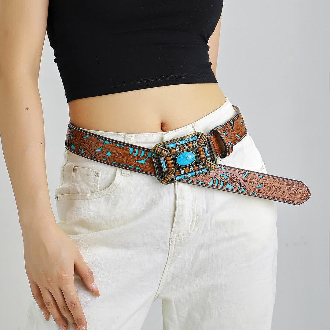 Ceinture en cuir gravée avec boucle en perles de bois turquoise pour femme