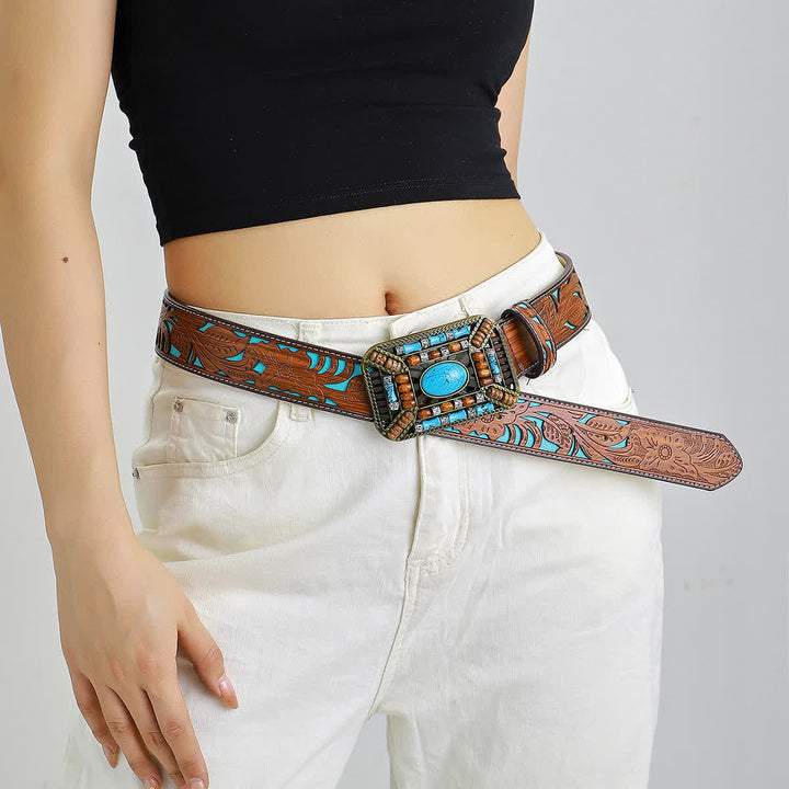 Ceinture en cuir gravée avec boucle en perles de bois turquoise pour femme