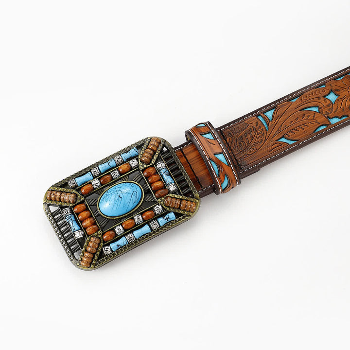 Ceinture en cuir gravée avec boucle en perles de bois turquoise pour femme