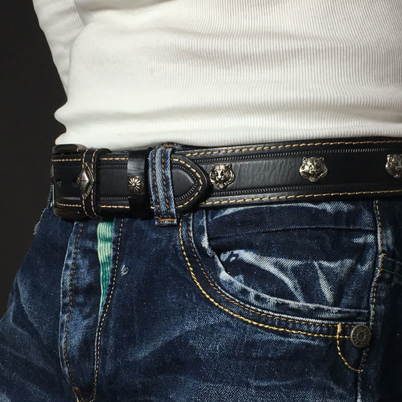 Ceinture en cuir cloutée à rivets en forme de tigre unique
