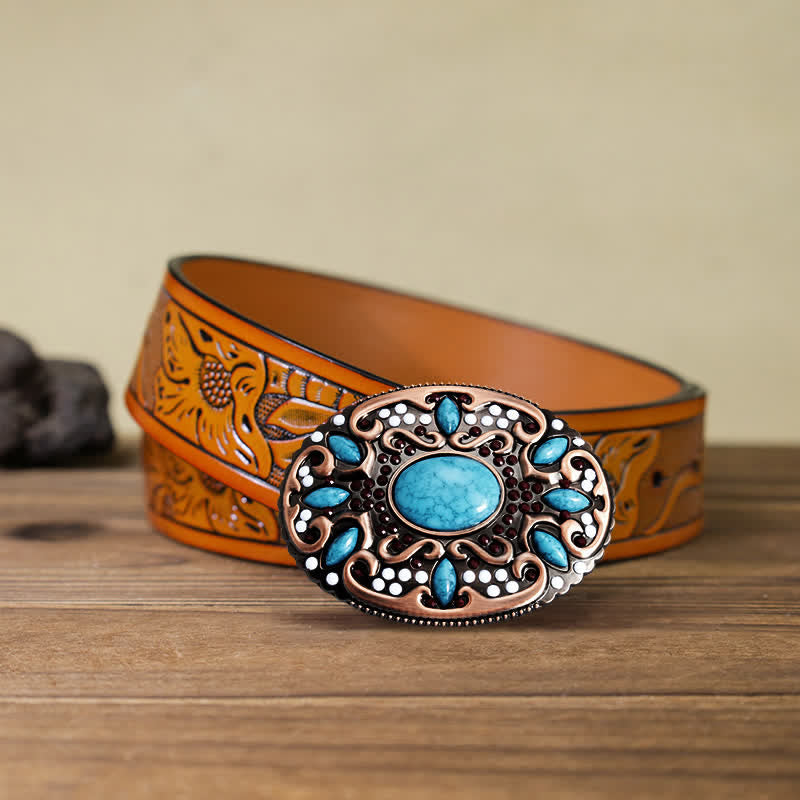 Ceinture en cuir à boucle pour homme avec pierres mélangées turquoise