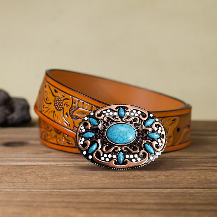Ceinture en cuir à boucle pour homme avec pierres mélangées turquoise