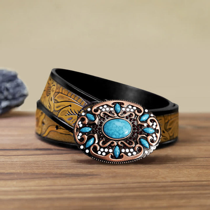 Ceinture en cuir à boucle pour homme avec pierres mélangées turquoise