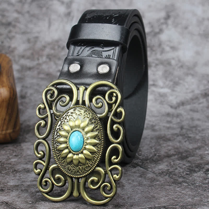 Ceinture en cuir incrusté turquoise avec boucle évidée pour homme