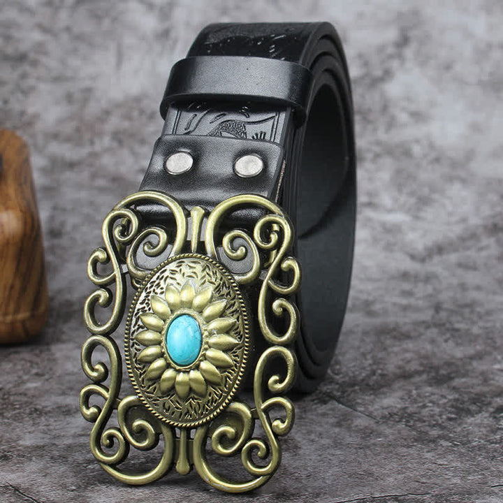 Ceinture en cuir incrusté turquoise avec boucle évidée pour homme