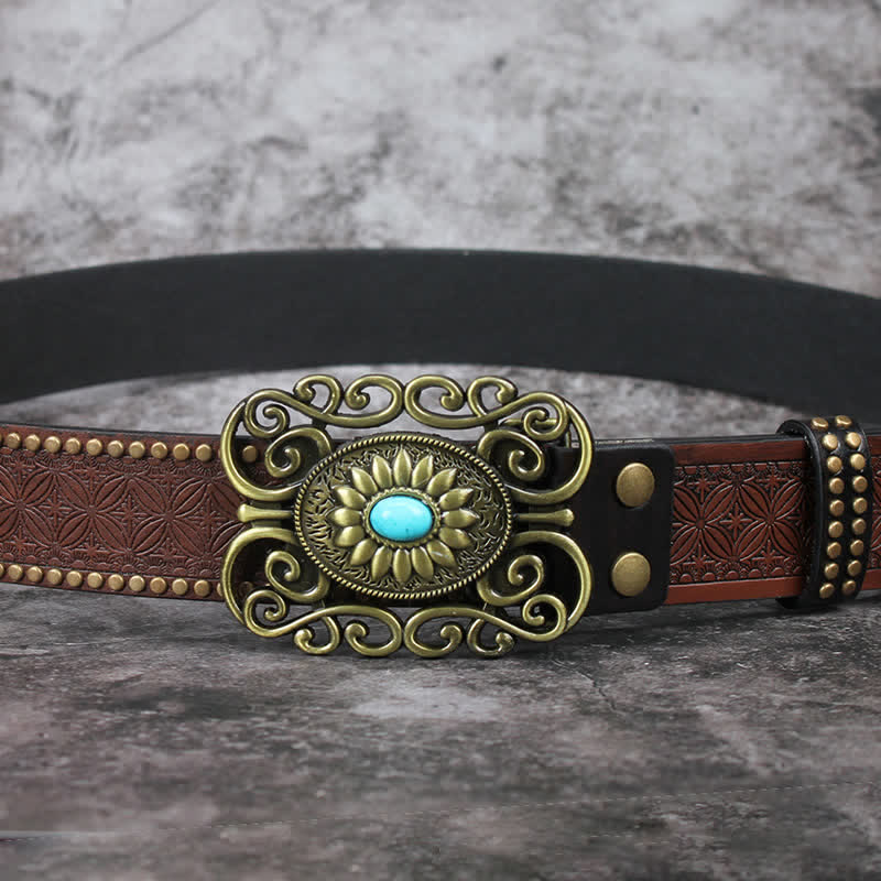 Ceinture en cuir incrusté turquoise avec boucle évidée pour homme