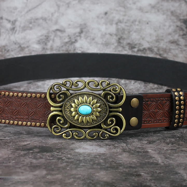 Ceinture en cuir incrusté turquoise avec boucle évidée pour homme