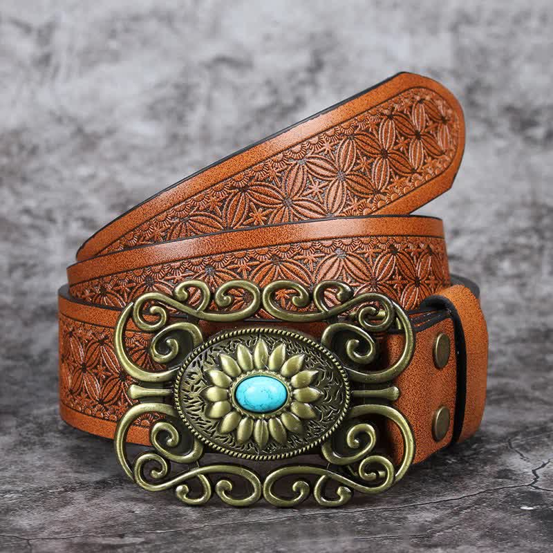 Ceinture en cuir incrusté turquoise avec boucle évidée pour homme