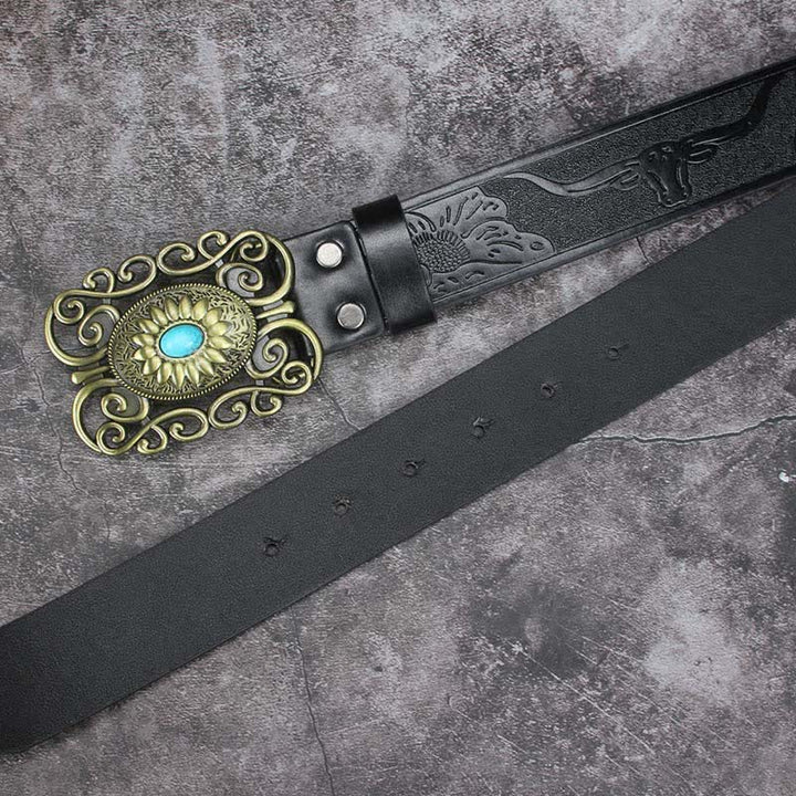 Ceinture en cuir incrusté turquoise avec boucle évidée pour homme