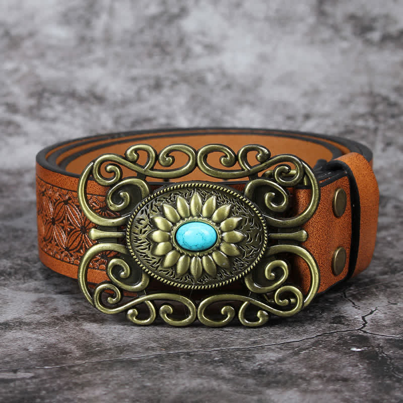 Ceinture en cuir incrusté turquoise avec boucle évidée pour homme