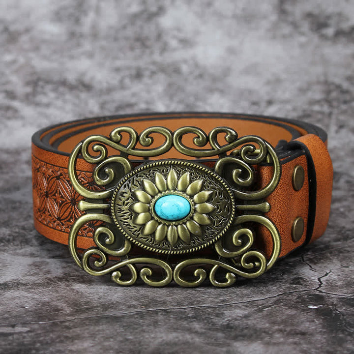 Ceinture en cuir incrusté turquoise avec boucle évidée pour homme