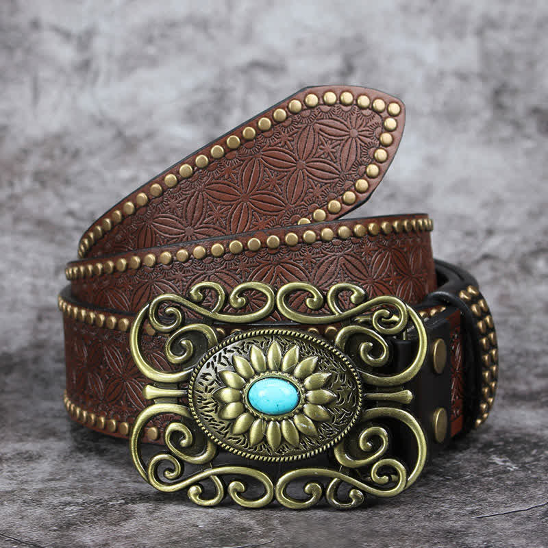 Ceinture en cuir incrusté turquoise avec boucle évidée pour homme