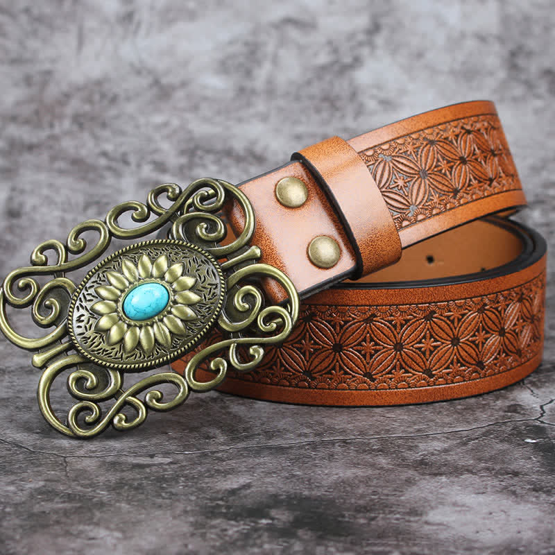 Ceinture en cuir incrusté turquoise avec boucle évidée pour homme