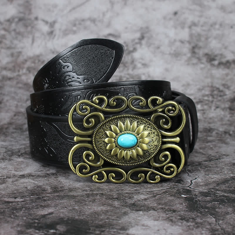 Ceinture en cuir incrusté turquoise avec boucle évidée pour homme