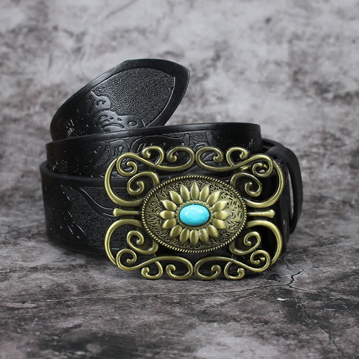 Ceinture en cuir incrusté turquoise avec boucle évidée pour homme