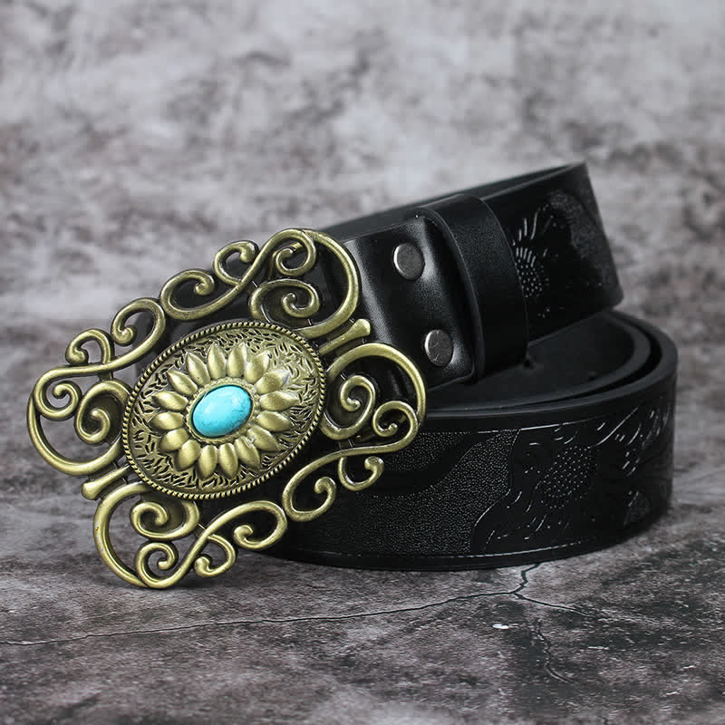Ceinture en cuir incrusté turquoise avec boucle évidée pour homme
