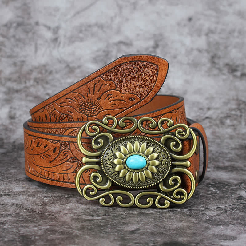 Ceinture en cuir incrusté turquoise avec boucle évidée pour homme