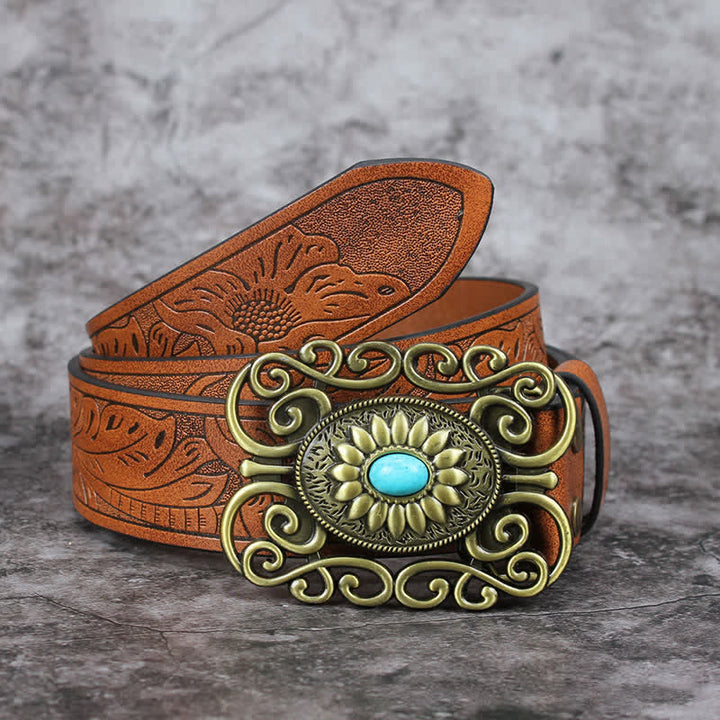 Ceinture en cuir incrusté turquoise avec boucle évidée pour homme