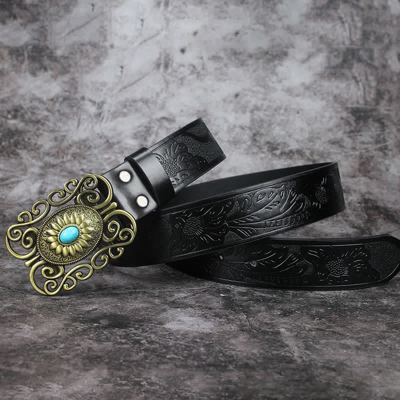 Ceinture en cuir incrusté turquoise avec boucle évidée pour homme