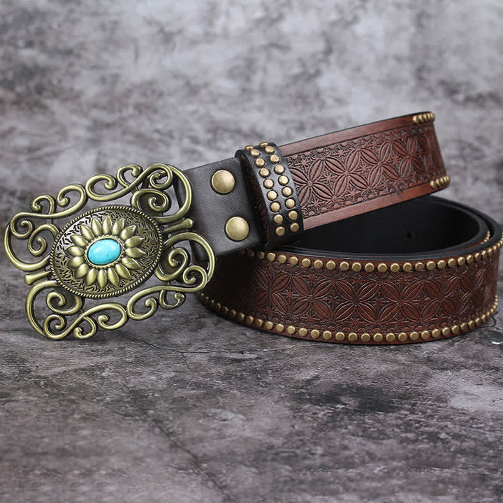 Ceinture en cuir incrusté turquoise avec boucle évidée pour homme
