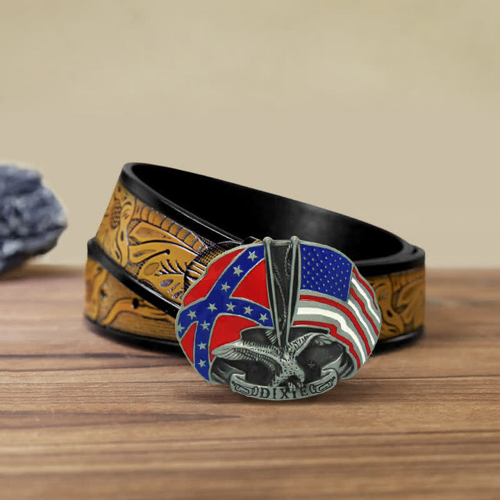 Ceinture en cuir à boucle Dixie pour homme avec drapeau double aigle