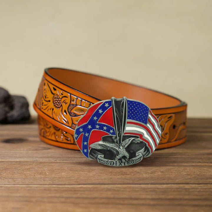 Ceinture en cuir à boucle Dixie pour homme avec drapeau double aigle