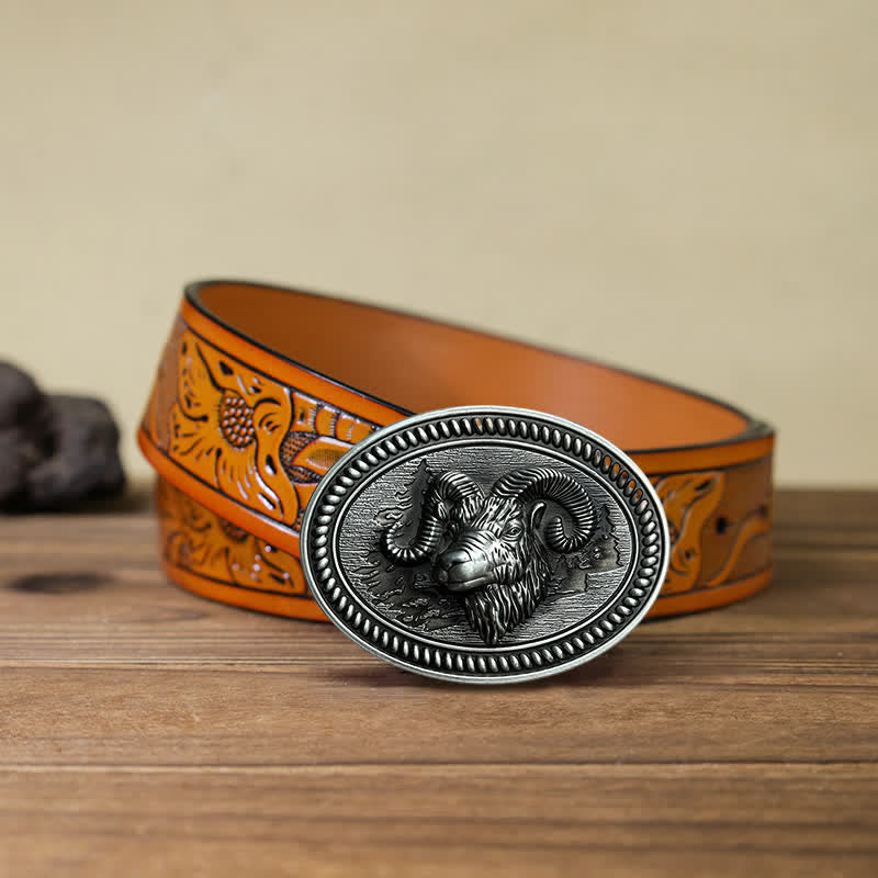Ceinture en cuir à boucle western pour homme avec tête de chèvre et bélier
