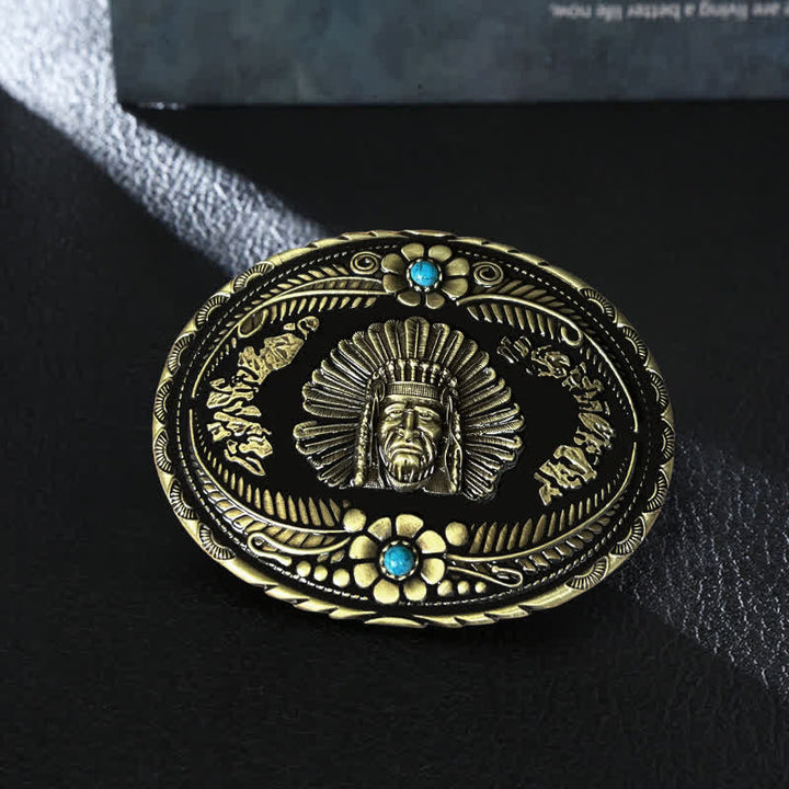 Ceinture en cuir à boucle turquoise pour homme avec motif de chef indien
