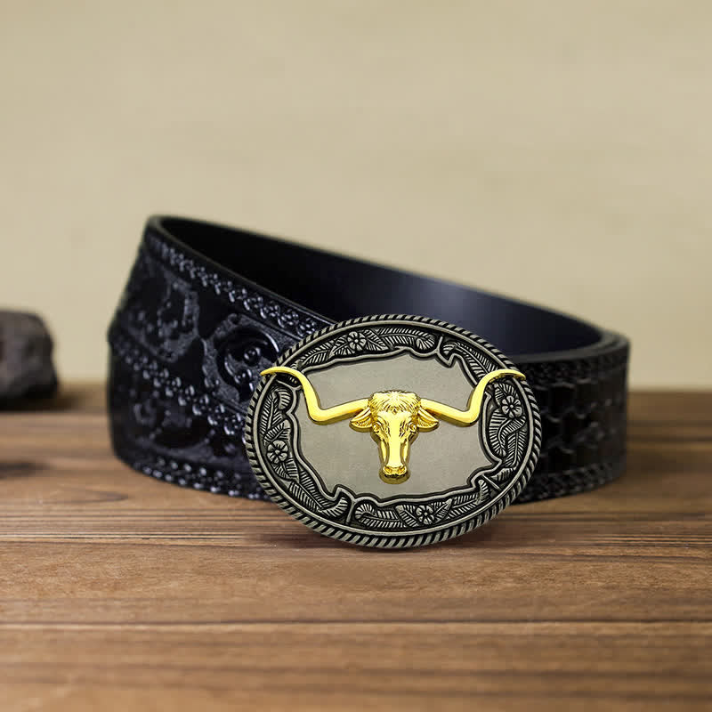 Ceinture en cuir à boucle pour homme avec motif cheval, taureau