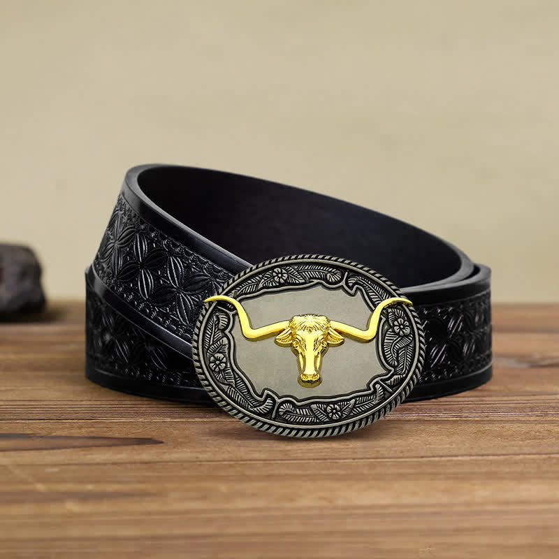 Ceinture en cuir à boucle pour homme avec motif cheval, taureau
