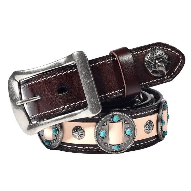 Ceinture en cuir cloutée à motif floral incrusté turquoise pour homme