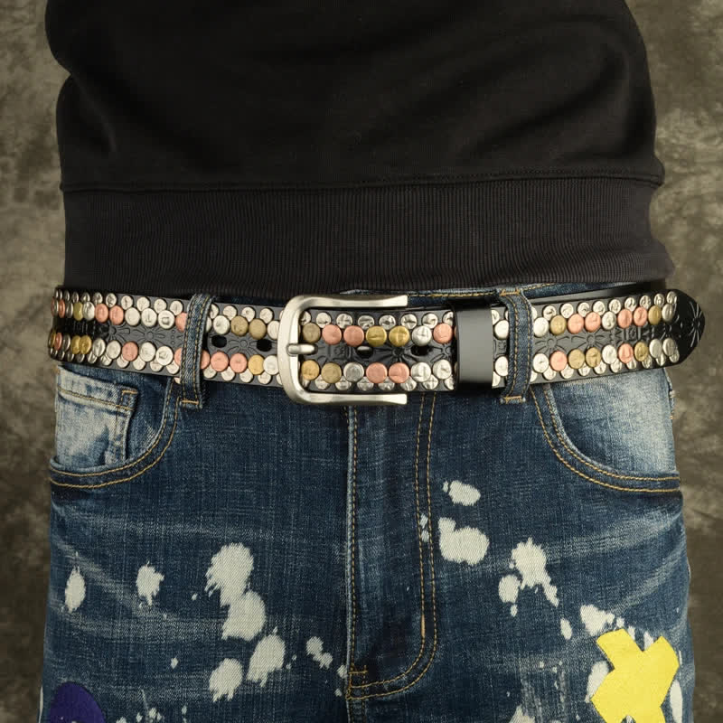 Ceinture en cuir cloutée à rivets et boutons multicolores pour homme