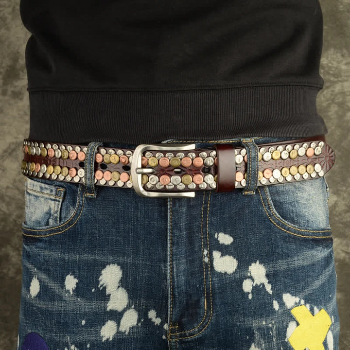 Ceinture en cuir cloutée à rivets et boutons multicolores pour homme