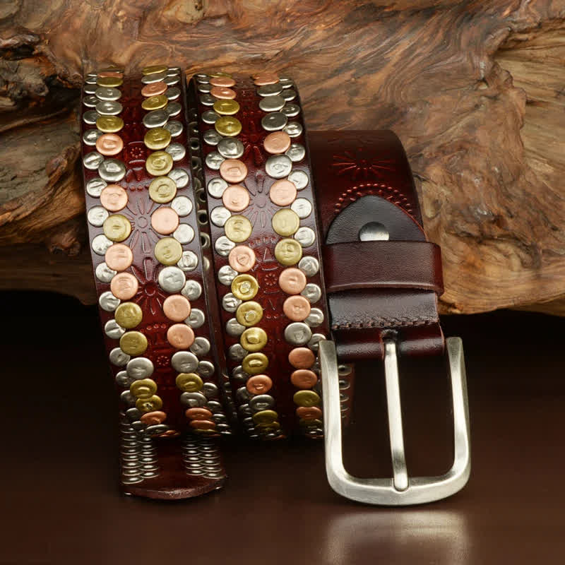 Ceinture en cuir cloutée à rivets et boutons multicolores pour homme
