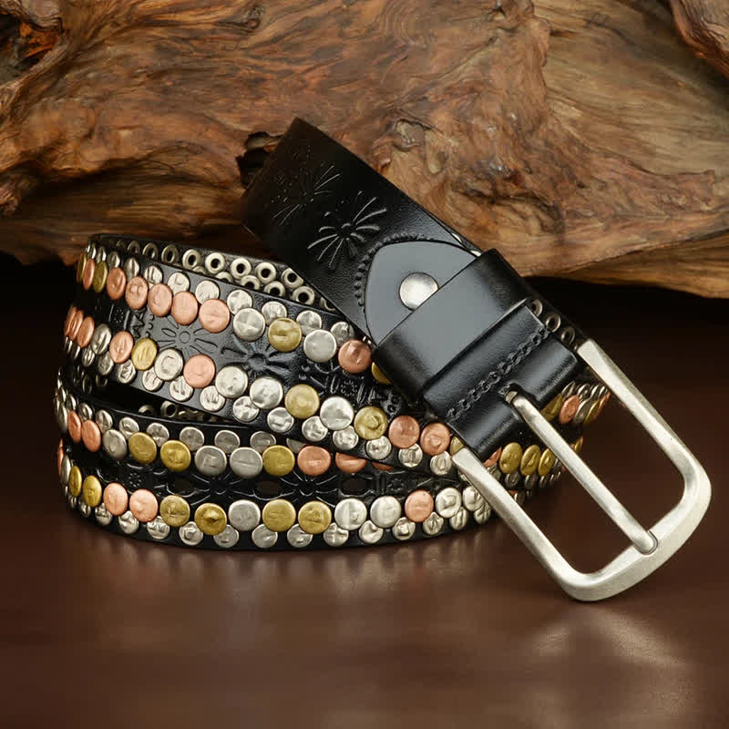 Ceinture en cuir cloutée à rivets et boutons multicolores pour homme
