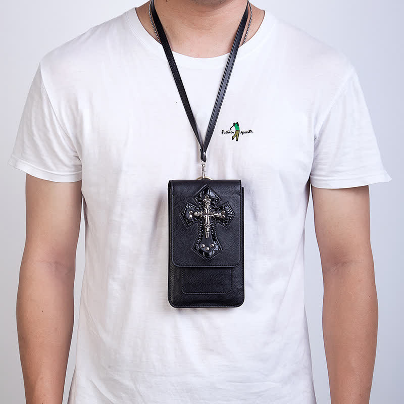 Sac ceinture en cuir noir avec tête de mort punk