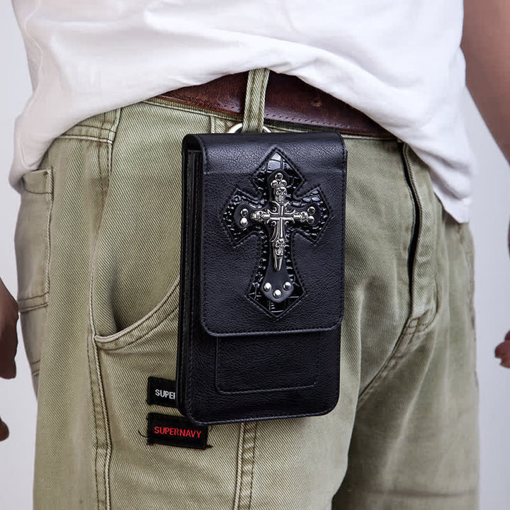 Sac ceinture en cuir noir avec tête de mort punk