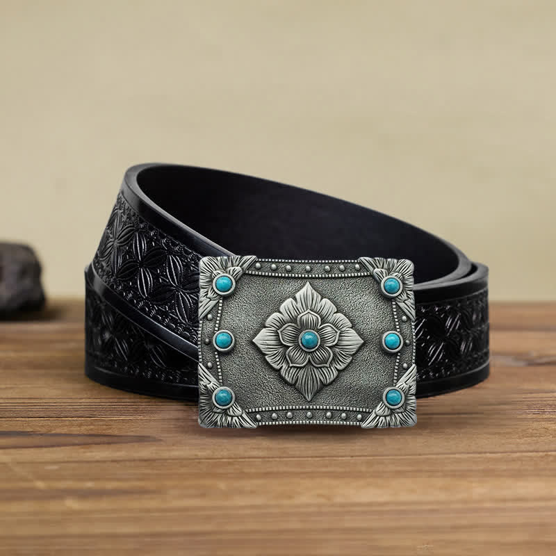 Ceinture en cuir à boucle rectangulaire turquoise western DIY pour homme