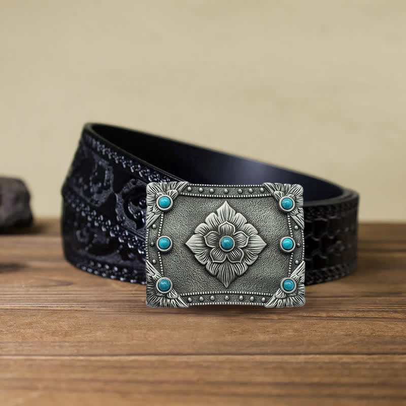 Ceinture en cuir à boucle rectangulaire turquoise western DIY pour homme