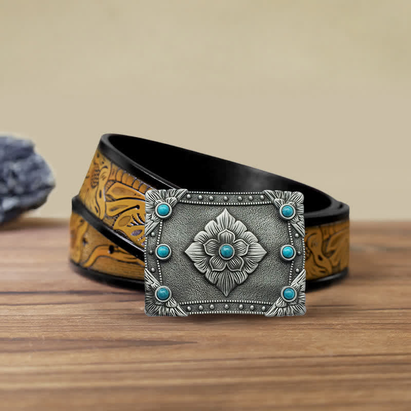 Ceinture en cuir à boucle rectangulaire turquoise western DIY pour homme