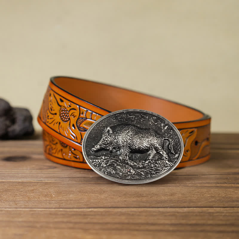Ceinture en cuir à boucle de sanglier pour homme