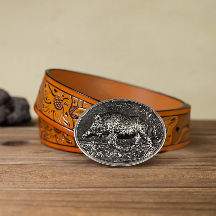 Ceinture en cuir à boucle de sanglier pour homme
