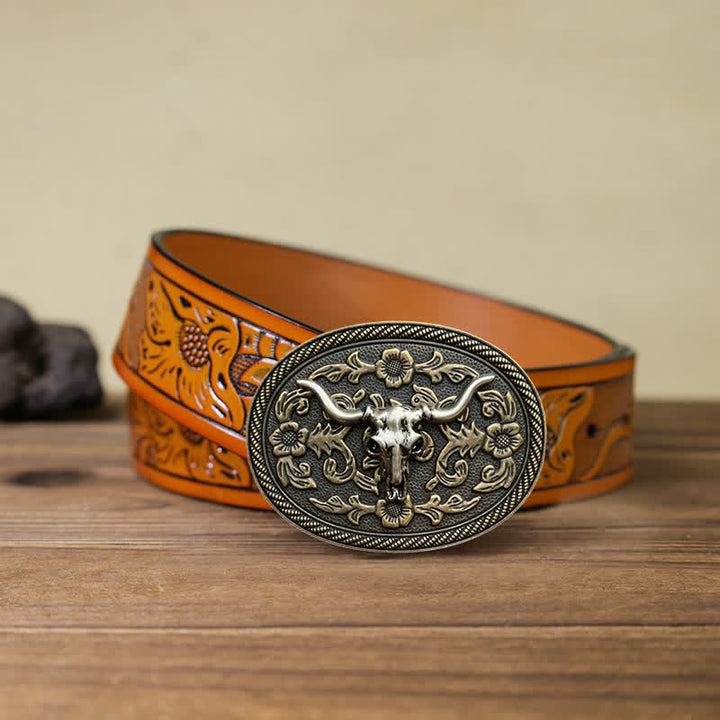 Ceinture en cuir à boucle sculptée en forme de tête de taureau pour homme